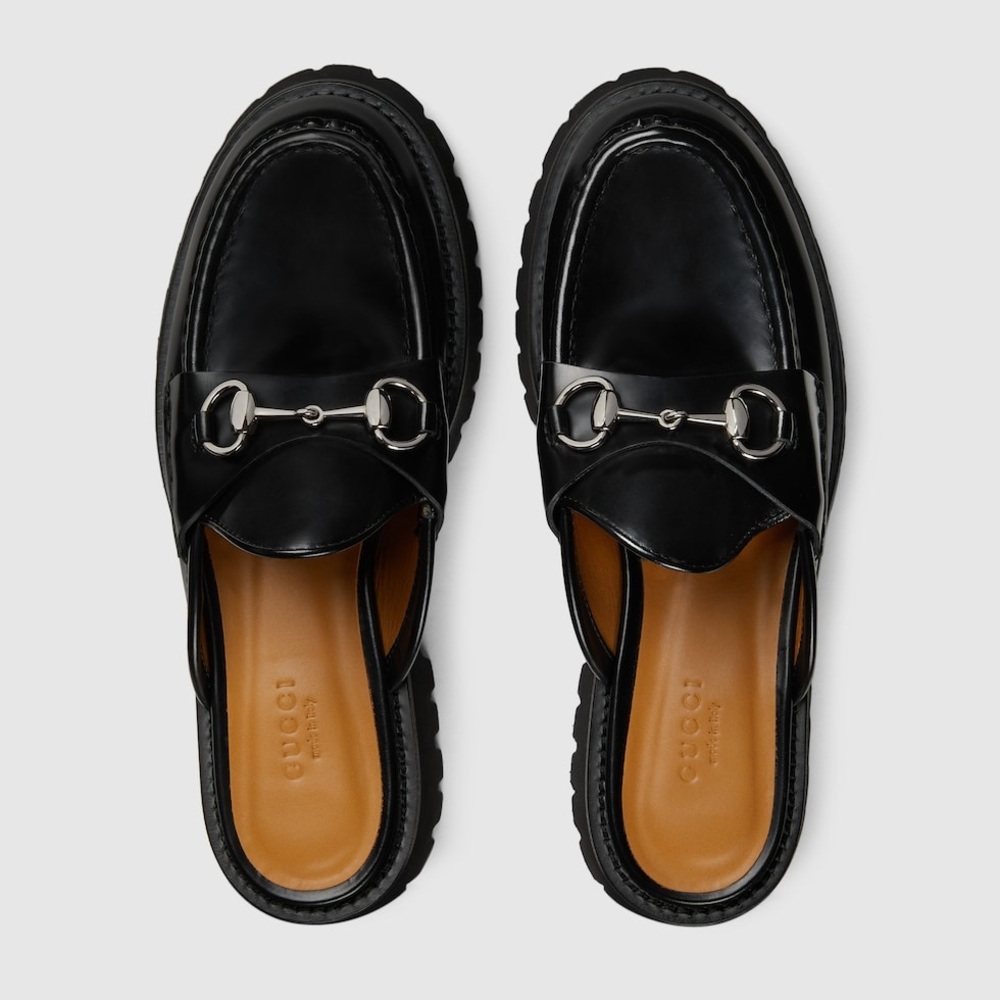 Gucci Black Leather WOMEN'S MULE WITH HORSEBIT Platform Open Back - Size 36 1/2